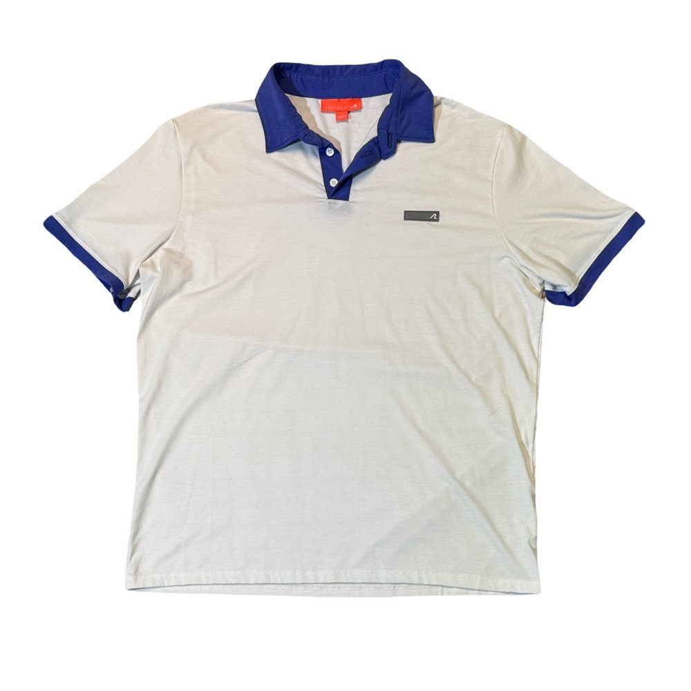 Redvanly mens L Large white blue trim performance stretch golf polo shirt EUC